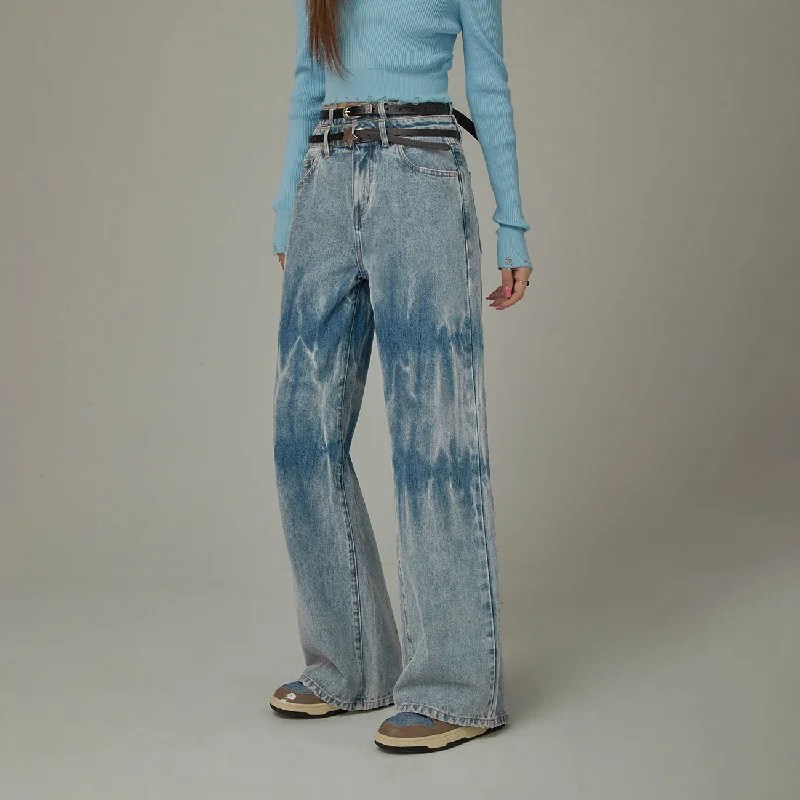 Customized Version Double Belted Washed Straight Wide Jeans