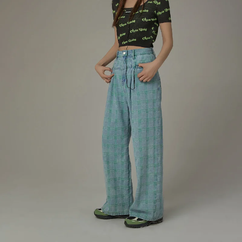 Wandering freely Check Straight Denim Jeans