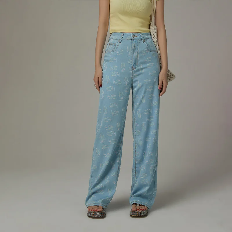High-quality fabrics Words Wide Straight Denim Jeans