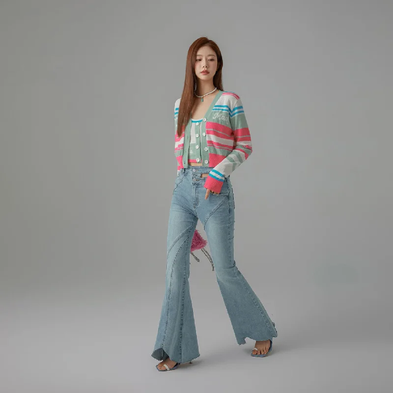 Letter embroidery Asymmetrical Hem Slim Bootcut Denim Jeans