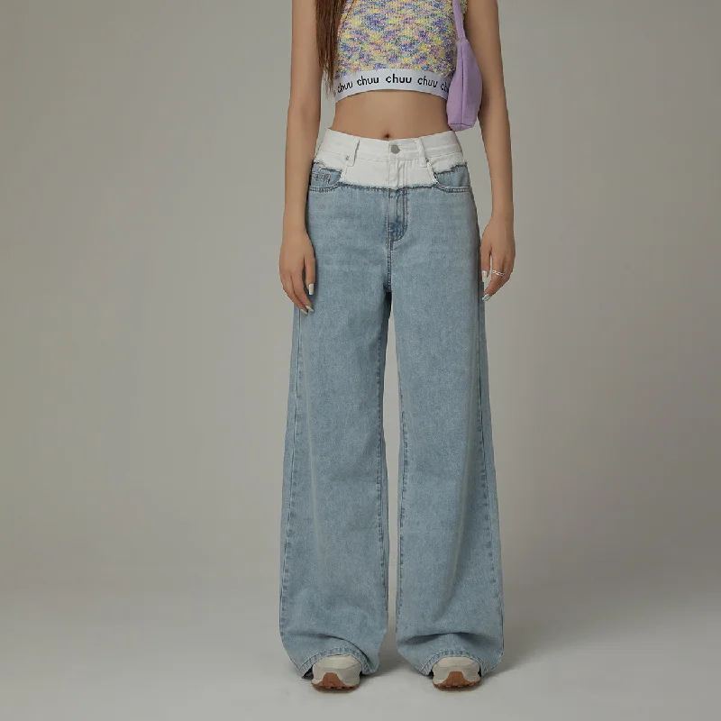 Floral Prints White Cotton Waist Wide Straight Jeans