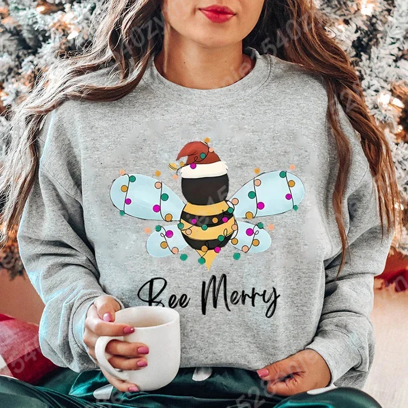 Relaxed And Casual Festive Bee Letter Print Christmas Hoodie - Long Sleeve