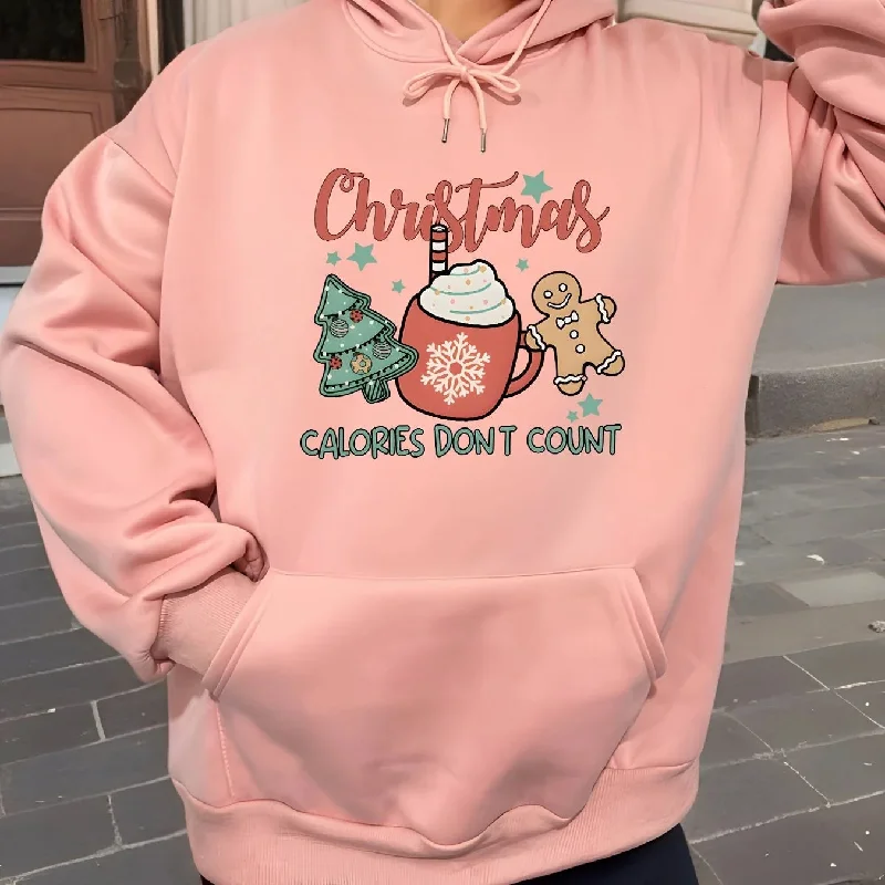 Street Fashion Fleece Lined Drawstring Sports Hoodie with Christmas Tree Design