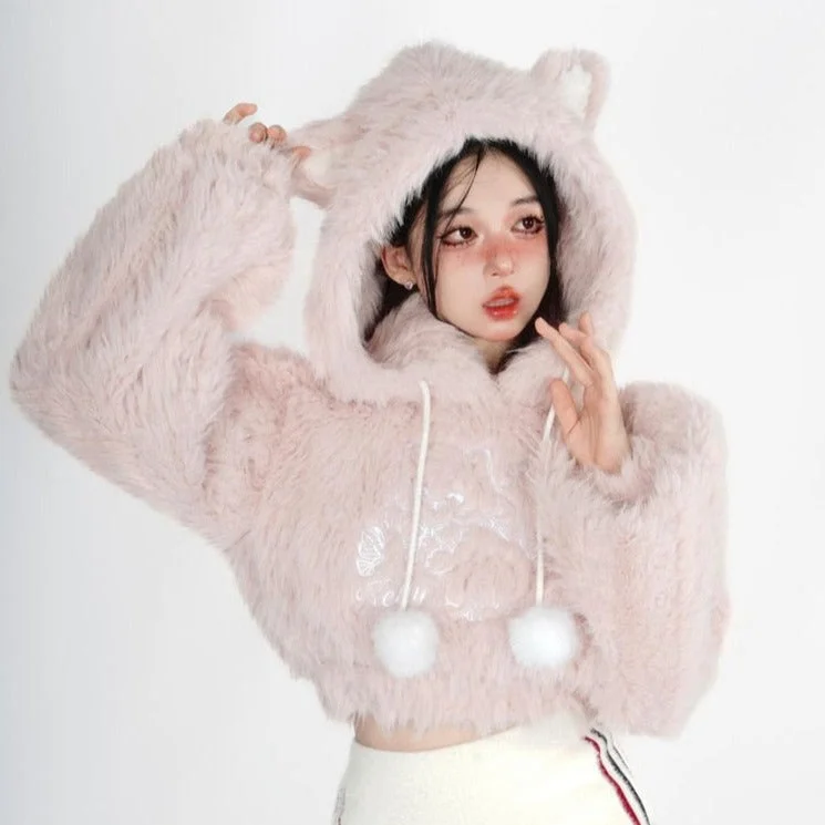 Comfortable And Cold-proof Fuzzy Kitten Cropped Hoodie