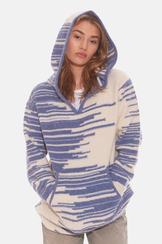 Celebrity Style Women's Baja Slit Neck Hoodie White/Blue