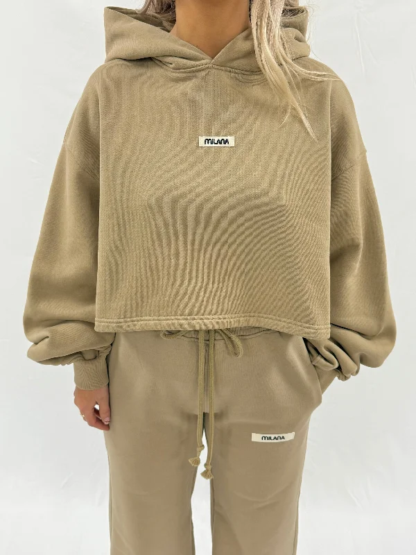 Fashionable Inner Wear Khaki Brown Core Heavyweight Cropped Hoodie.