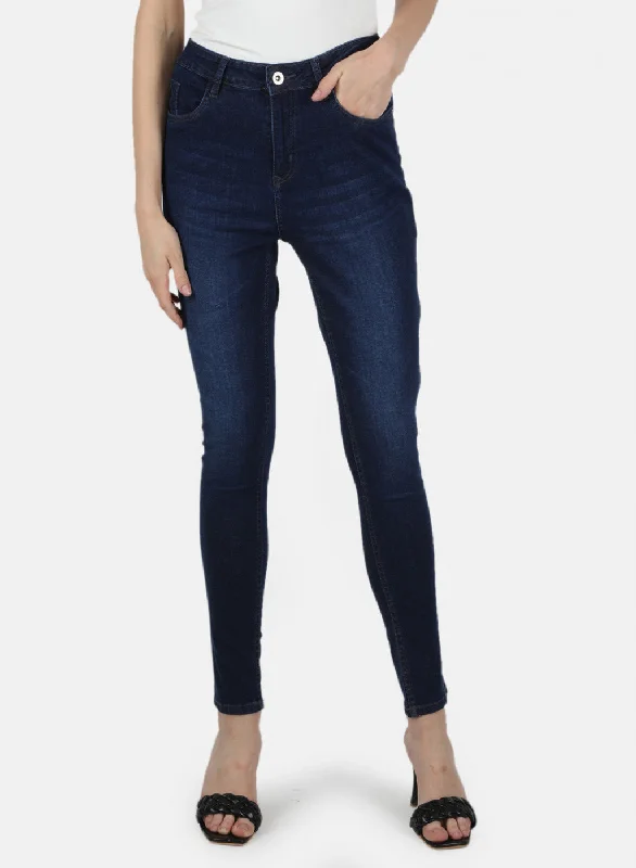 High waist design Women Navy Blue Slim Fit Denim