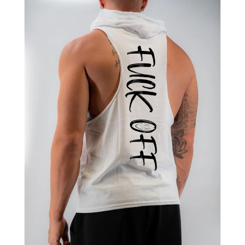 Playful Style Salty Savage Unisex “FUCK OFF” Sleeveless Muscle Tank Hoodie | White