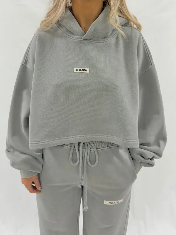 Refreshing Design Washed Ash Grey Core Heavyweight Cropped Hoodie.