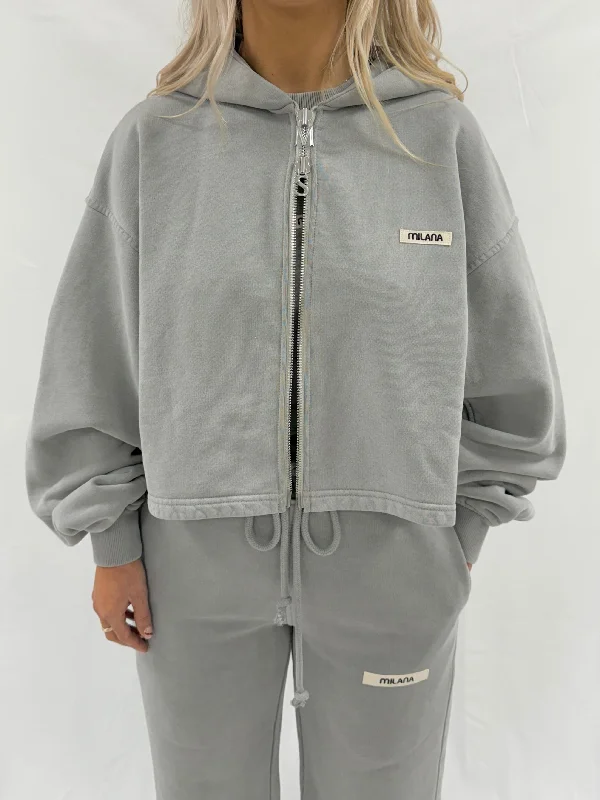 Must-have For Fashion Washed Ash Grey Core Heavyweight Cropped Zip Hoodie.