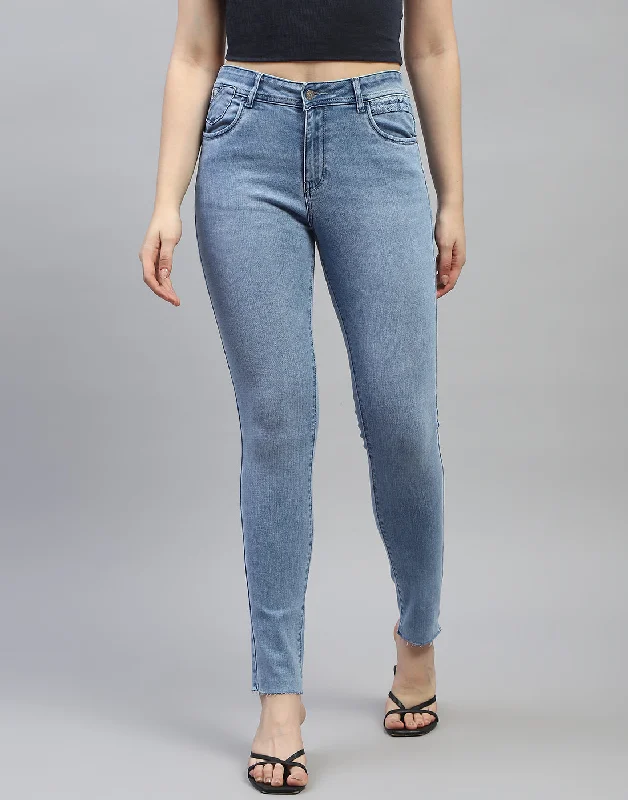 Street Letter Style Women Blue Solid Slim Fit Denim