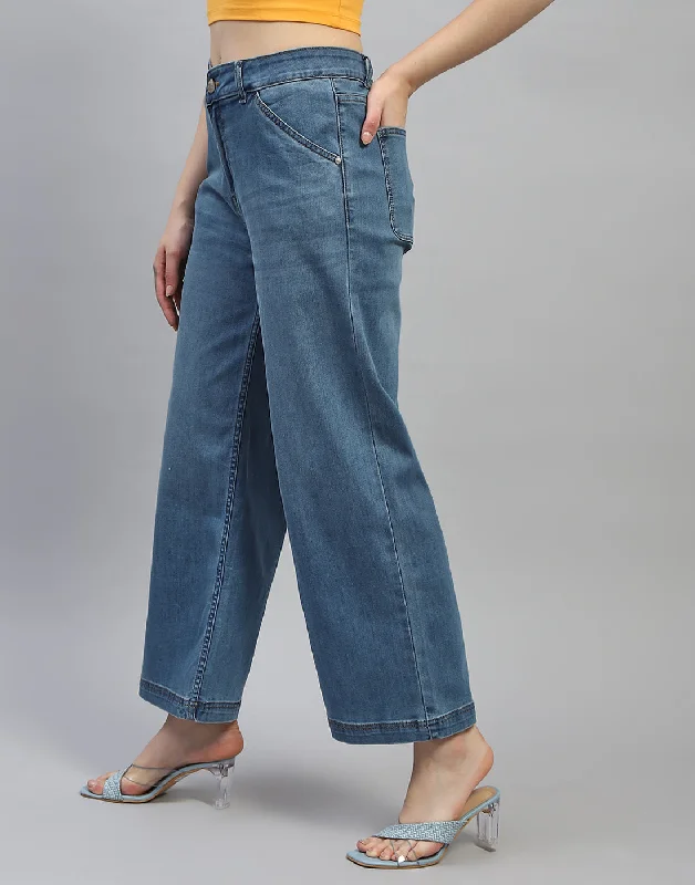 Style Design Women Blue Solid Wide Leg Denim