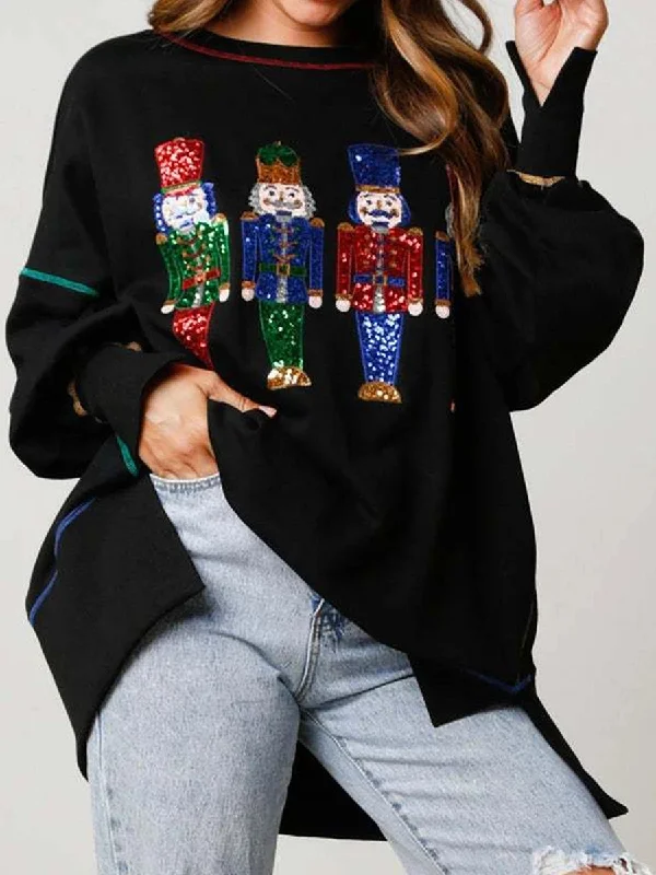 Simple Solid Color Y2K Nutcracker Sequin Long Sleeve Crewneck Christmas Hoodie