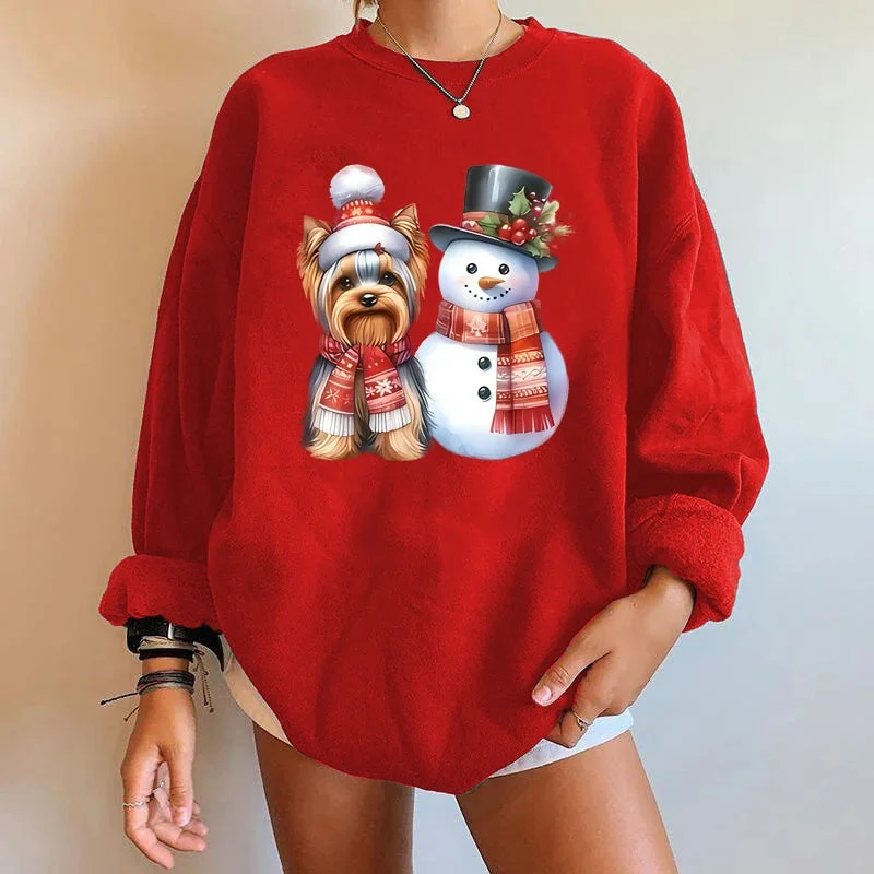 Playful Style Y2K Snowman Dog Printed Christmas Hoodie