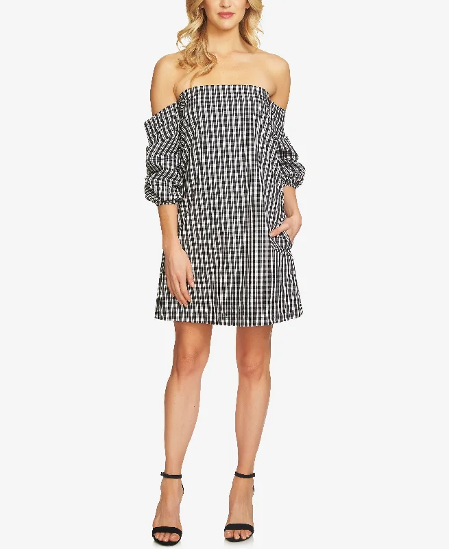 1.State Off The Shoulder Gingham Cascade Dress