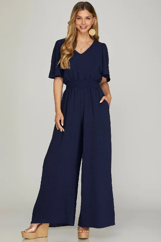 Lounge Wear Flounce Sleeve Smock Waist Wide Leg Woven Jumpsuit