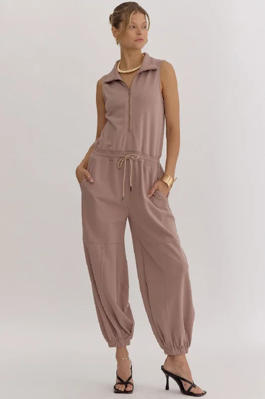 Sports fitness shoes Solid Zip Up Collared Sleeveless Jogger Style Jumpsuit
