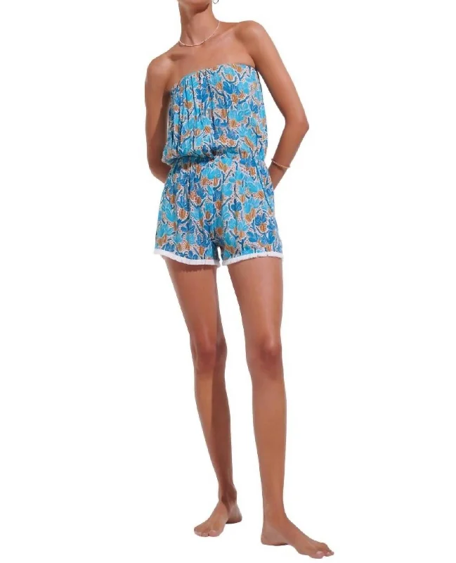 Retro Style Ambra Short Jumpsuit In Blue Kaktus