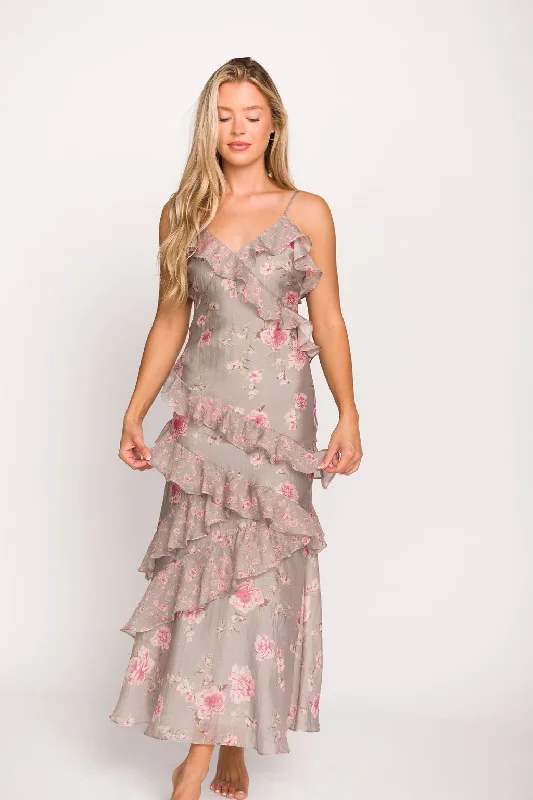 Effortless Comfort Amelia Ruffle Maxi Dress in Grey/Pink Floral