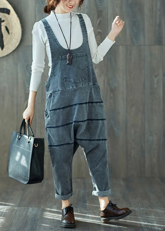 Street Style Art Grey Oversized Patchwork Cotton Denim Jumpsuit Spring