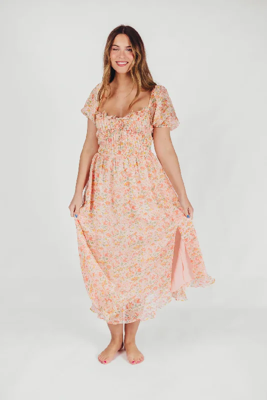 Stylish Ease Lunaria Pleated Bustier Midi Dress in Orange Floral