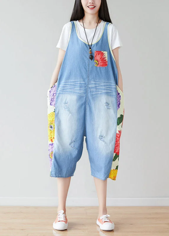 Printed pattern Bohemian Light Blue Oversized Patchwork Print Cotton Denim Jumpsuits Summer