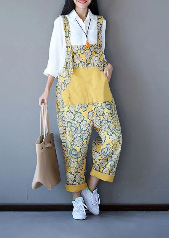 Easy Chic Boho Yellow Patchwork Print Denim Jumpsuit Spring