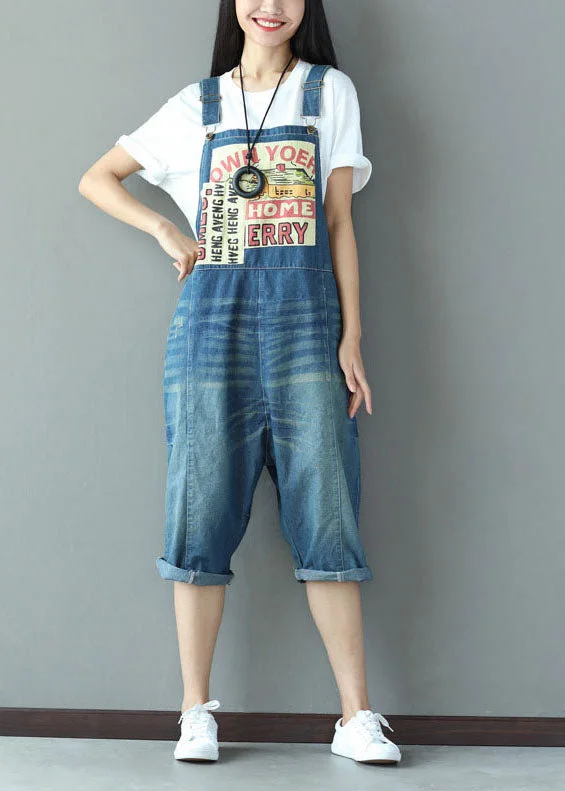 Cool Style Casual Blue Oversized Applique Cotton Denim Jumpsuit Spring