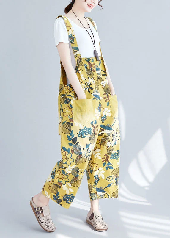 Modern Chic Chic Yellow Pockets Print Denim Crop Wide Leg Jumpsuit Spring