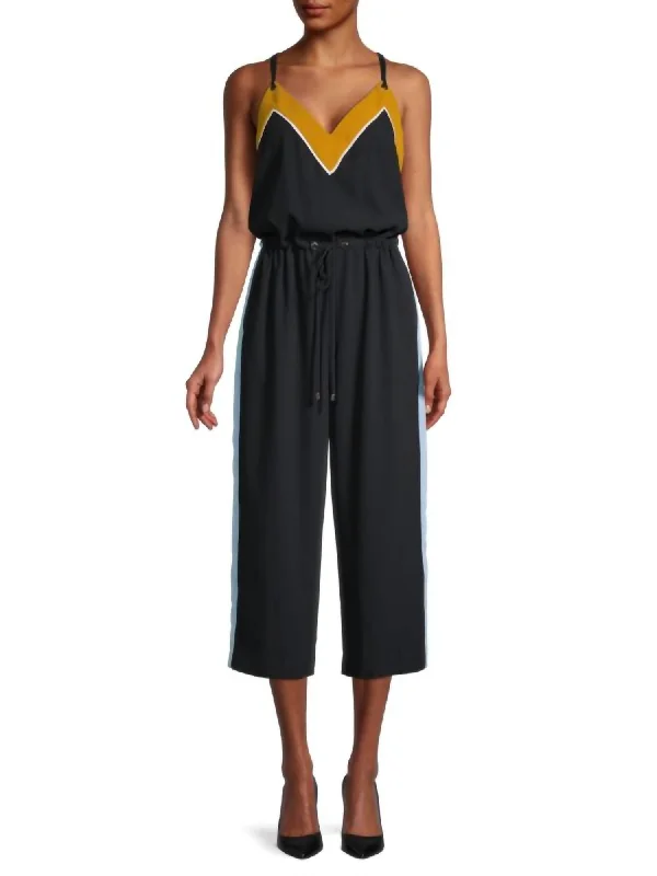 Comfortable Fashion Darvva V-Neckline Drawstrings Cotton Sleeveless Jumpsuit In Black