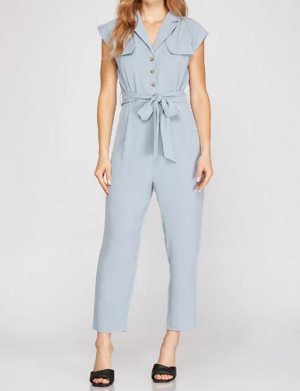 Fashion Pioneer Dolman Sleeve Flap Pocket Belted Jumpsuit In Light Blue