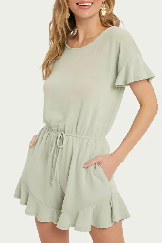 Effortless Wear Drawstring-Waist Ruffled Terry Romper In Sage