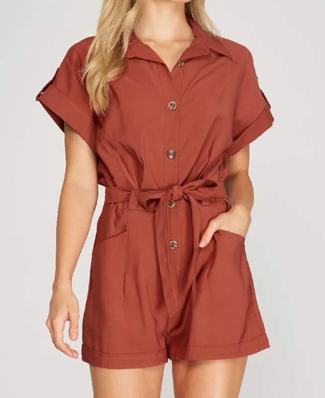 High-end Wear Drop Shoulder Woven Twill Romper With Pockets In Rust