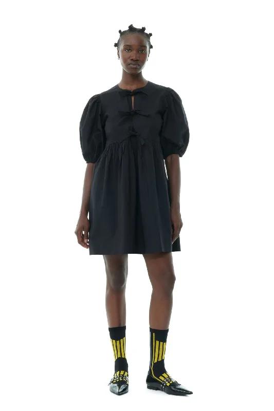 Chic Comfort Ganni - Black Cotton Poplin Tie String Mini Dress