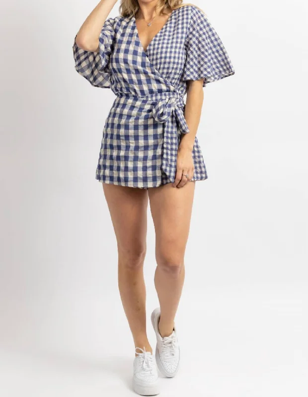 Personality Publicity Gingham Wrap Romper In Navy + Natural
