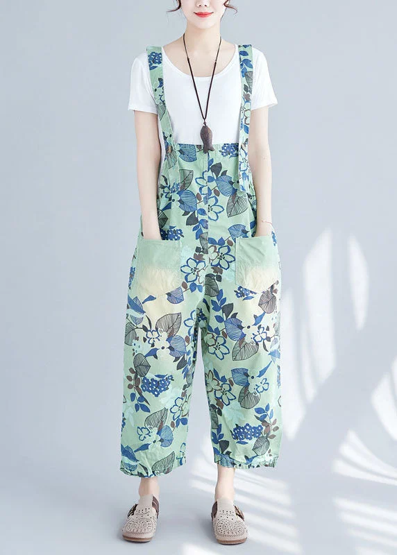 Comfortable Tops Green Print Patchwork Jumpsuits Wide Leg Denim Spring