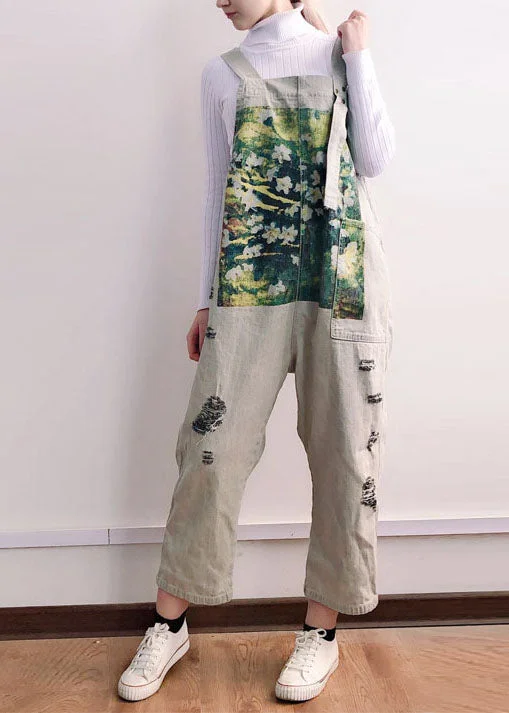 Fashion Style Grey Print Patchwork Jumpsuit Straight Denim Spring