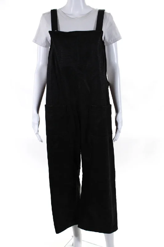 Wandering freely GrownBeans Womens Leather Textured Snap Closure Wide Leg Overalls Black