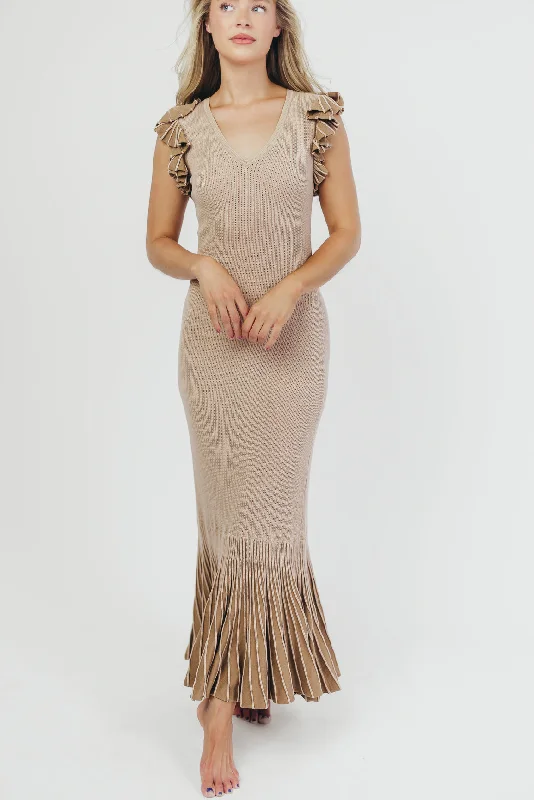 Relaxed Chic Brynn Knit Mermaid-Style Maxi Dress with Ruffled Sleeves in Sand
