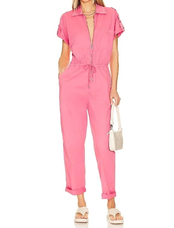 Effortless Wear Jordan Short Sleeve Zip Front Jumpsuit In Pink Punch