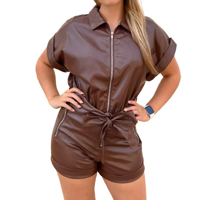 Comfortable Dresses Lexa Faux Leather Romper With Tie In Brown