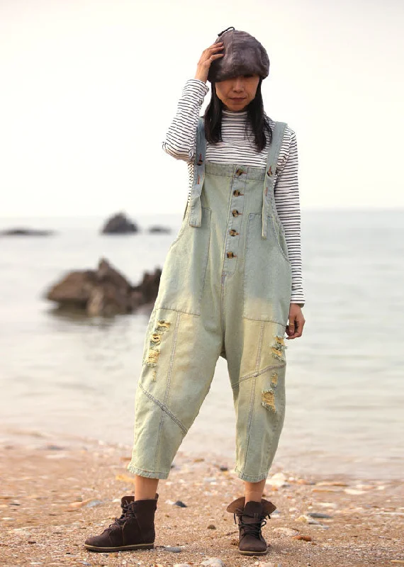 Fashionable sports Light Blue Patchwork Cotton Loose Jumpsuit Ripped Spring