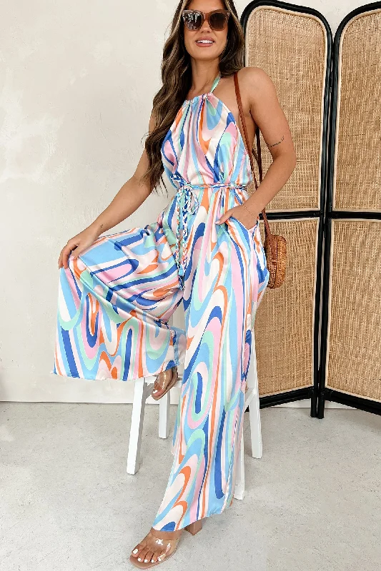 Unique prints Living Vibrantly Braided Belt Halter Jumpsuit (Blue, Pink, Tangerine)