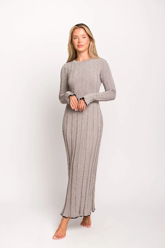 Soft Clothing Bentley Long Sleeve Ribbed Knit Maxi Dress in Heather Gray with Black Trim - Bump Friendly