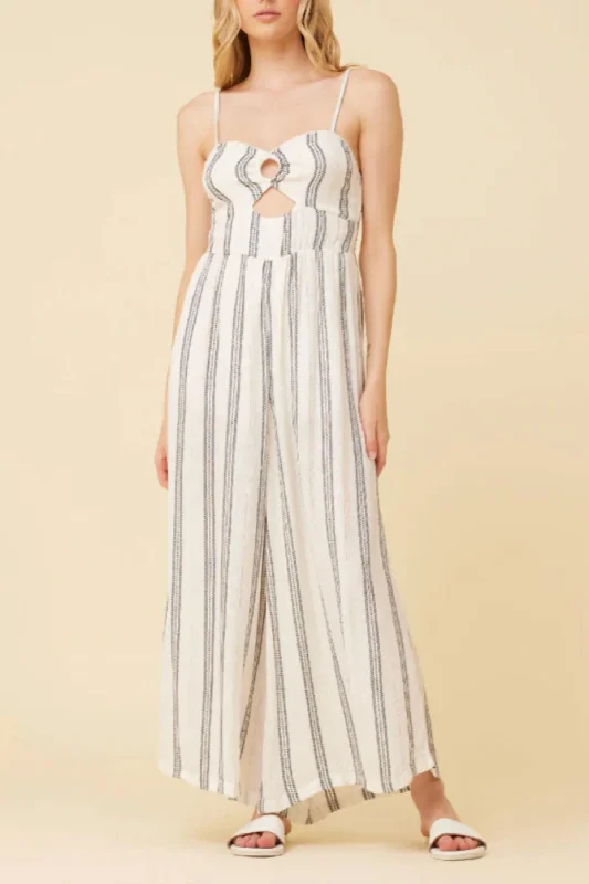 Sporty Elegance Lurex Stripe Jumpsuit In White