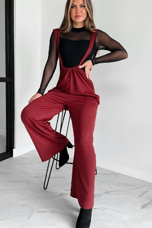 Independent design Message Received Wide Leg Suspender Jumpsuit (Wine)