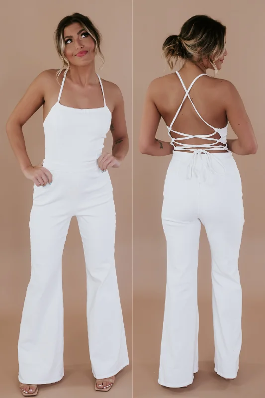 Easygoing Fashion Mineral Wash Denim Jumpsuit, White