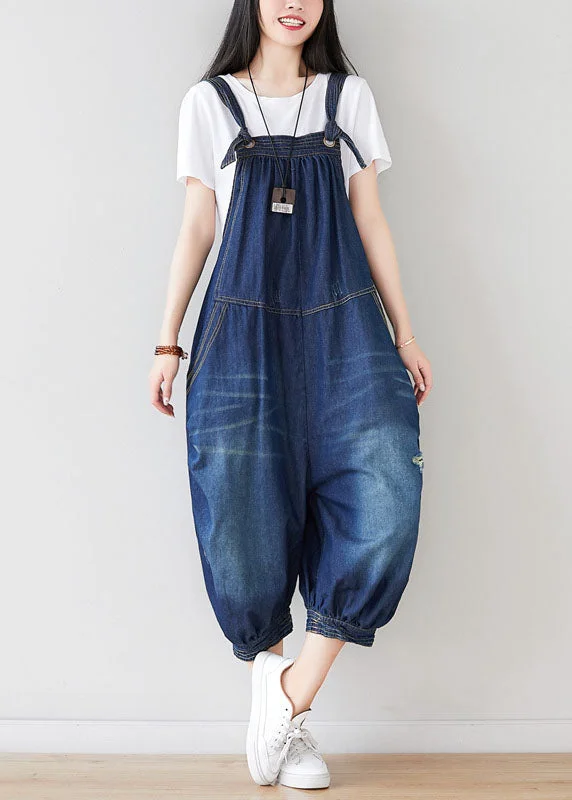 Sports Zipper Style Modern Denim Blue Oversized Cotton Ripped Jumpsuit Spring