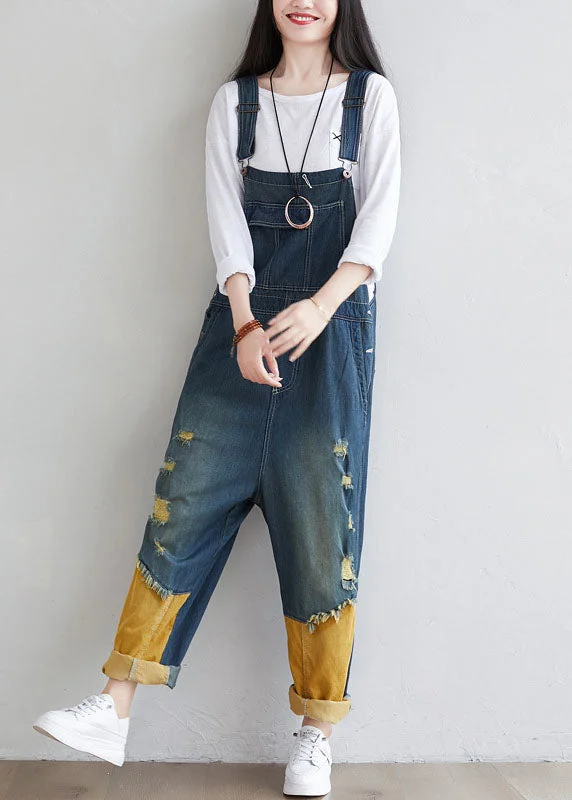 Soft Layers Natural Navy Patchwork Tasseled Denim Jumpsuit Spring