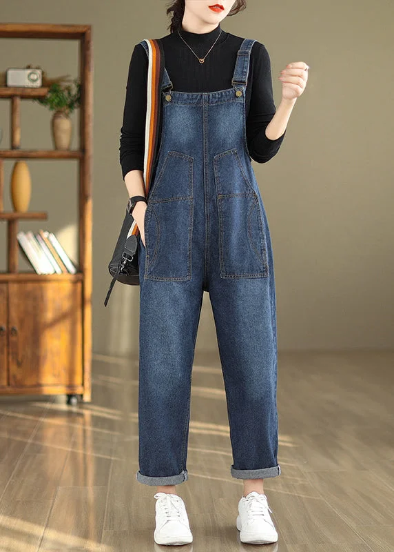 Mid-length Style New Blue Button Pockets Patchwork Denim Jumpsuits Sleeveless